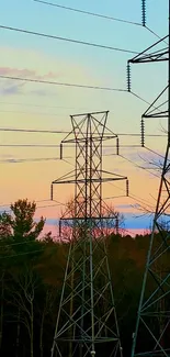 Silhouetted power lines against a vibrant sunset sky in a forest landscape.