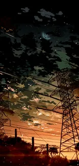 Silhouetted powerlines against a sunset sky, creating a tranquil and aesthetic scene.