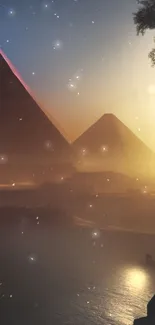 Sunset over pyramids with tranquil Nile reflection, creating a serene mobile wallpaper.