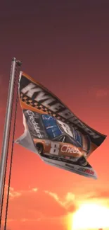 Racing flag waves at sunset, showcasing dynamic colors and motorsport theme.