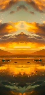 Mirrored sunset sky wallpaper with vibrant orange and golden reflections.