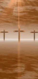 Three crosses reflecting in a serene, brown sunset scene for mobile wallpaper.