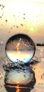 Crystal sphere with sunset reflection, serene mobile wallpaper.