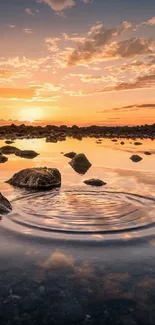 Serene sunset reflecting on a lake with rocks and trees in silhouette.