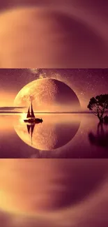 Peaceful sunset with moon and sailboat over reflective waters.