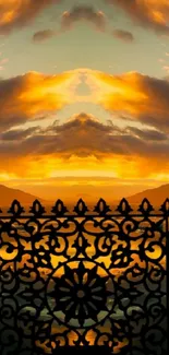 Symmetrical sunset reflection with clouds and intricate lattice.