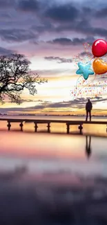 Silhouette on pier with balloons at sunset.