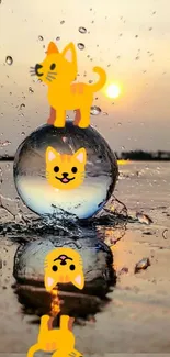 Creative wallpaper of a sunset reflection with cartoon cats.