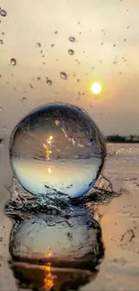 Sunset reflecting on a water orb with droplets.