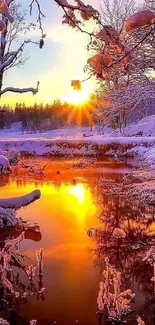 Beautiful winter sunset with reflections on a serene icy lake.