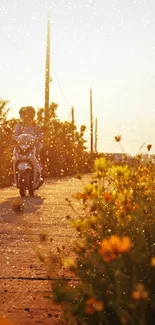 Motorbike riding through flower fields at sunset.