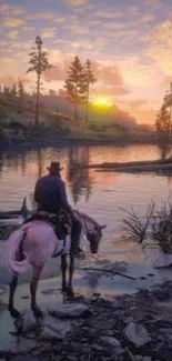 Cowboy on horse at sunset by a serene lake.