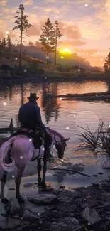 Rider on horse at sunset by a serene lake, with vibrant sky reflections.