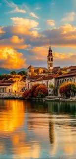 Scenic sunset with river reflection and historic buildings.