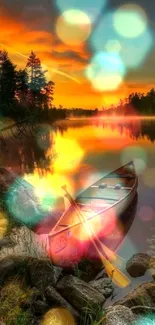 Canoe on a tranquil river with a sunset background.