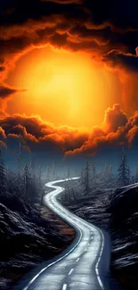 Winding road under a fiery orange sunset sky wallpaper.