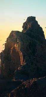 A dramatic rock formation silhouetted against an orange sunset with birds in flight.