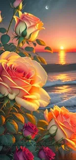 Vibrant roses with sunset over ocean, creating a serene and colorful mobile wallpaper.