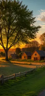 Rustic homes and sunset view in the countryside landscape wallpaper.
