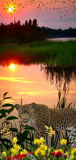 Leopard with butterflies at sunset by a lake with vibrant flowers.