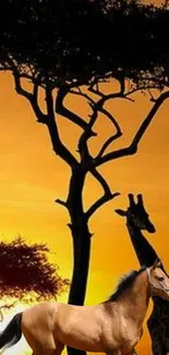 A horse and giraffe silhouetted against an orange sunset with Acacia trees.