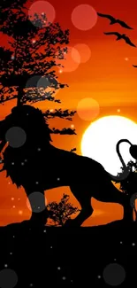 Sunset safari with lion silhouettes and trees against a glowing orange-red sky.