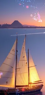 Majestic sailboat at sunset with serene waters and distant mountains.