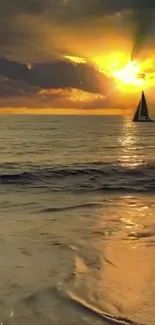 Sailboat at sunset with golden ocean view.