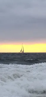 A sailboat on ocean waves during sunset, with a serene background.