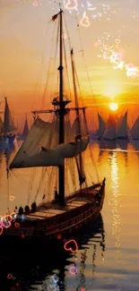 Sailboat at sunset with vibrant reflections and serene ocean scene.