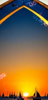 Silhouetted sailboats against a vibrant sunset backdrop.