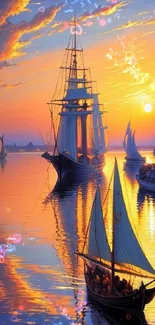 Sailing ships at sunset on a calm ocean.