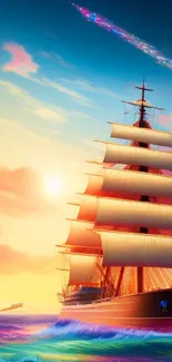 Vibrant sailing ship against a sunset ocean backdrop.