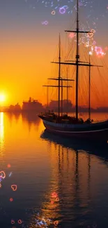 Majestic sailing ship at sunset on tranquil ocean.