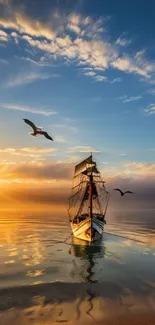 Serene sunset with sailing ship and seagulls over calm ocean waters.