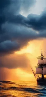 Sailing ship in sunset with stormy skies, creating a dramatic seascape scene.