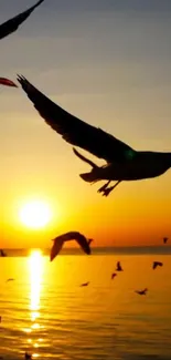 Seagulls flying over the ocean at sunset with a golden sky.