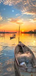 Serene lake sunset with boat reflection.