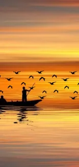 Silhouetted boat and birds at sunset over tranquil waters.