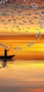 Sunset scene with a silhouetted boat and birds over calm water.