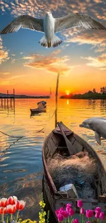 Beautiful sunset wallpaper with birds and a serene water scene.