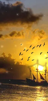 Majestic ship at sunset with birds flying overhead and a golden sky backdrop.