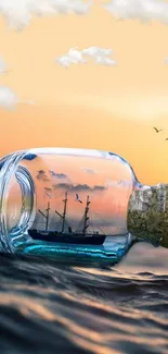 Ship in a bottle against a sunset ocean scene.