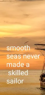 Ship sailing at sunset with a motivational quote on calm seas.