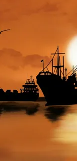 Ships silhouetted against an orange sunset.