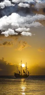 Ship sailing at sunset on calm ocean with a glowing golden sky.