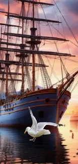 Majestic ship and seagull at sunset on a serene ocean backdrop.