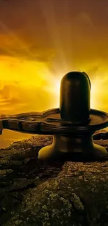 Shiva Lingam with golden sunset rays.