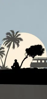 Silhouette of palm trees and van under a sunset sky.