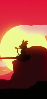 Anime character silhouette at sunset on rocky cliff, vibrant red hues.